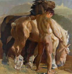 Ludwig Vacatko (Austrian, 1873-1956), Nackter Jüngling mit Pferdepaar [Nude Youth with Two Horses], 1943. Oil on canvas, 101 x 98 cm.