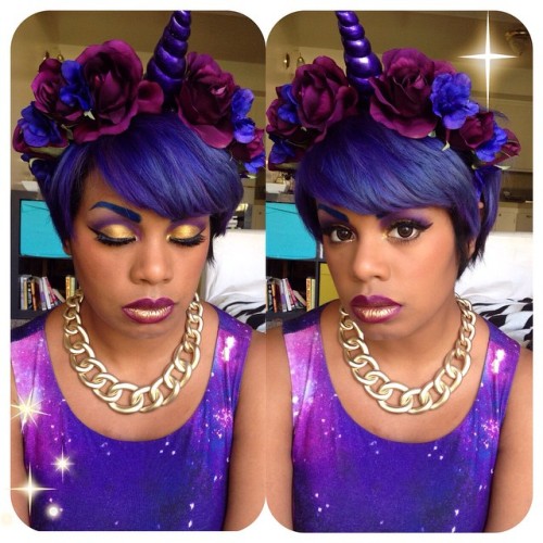 skullita:  Space unicorn take 2 @sugarpill goldilux and @urbandecaycosmetics electric palette + @limecrimemakeup poisonberry #motd #space #altblackgirls 