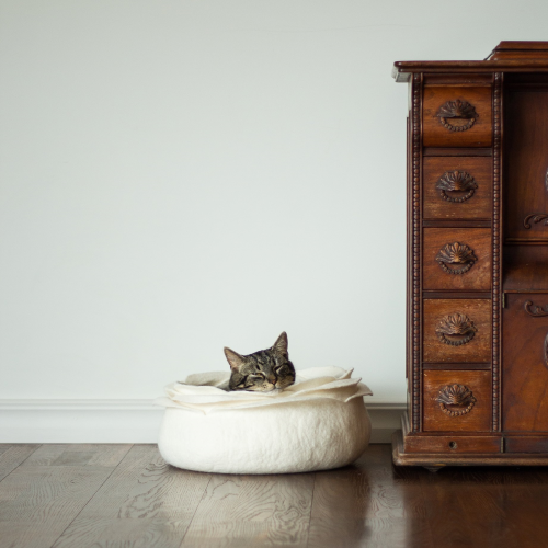 jumpingjacktrash:muchadoeaboutnothing:sosuperawesome:Handmade Felt Cat Caves, Beds and Baskets by el