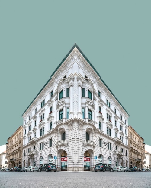 archatlas:    Corner Symmetry  In the words of the artist Zsolt Hlinka:My Corner Symmetry series takes the ideas from Urban Symmetry, and brings them one step forward. The buildings taken out of their usual environments return, but this time in a much