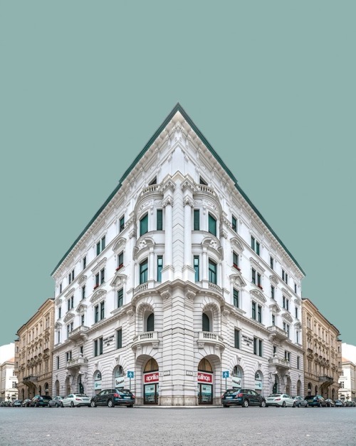 archatlas:    Corner Symmetry  In the words of the artist Zsolt Hlinka:My Corner Symmetry series takes the ideas from Urban Symmetry, and brings them one step forward. The buildings taken out of their usual environments return, but this time in a much