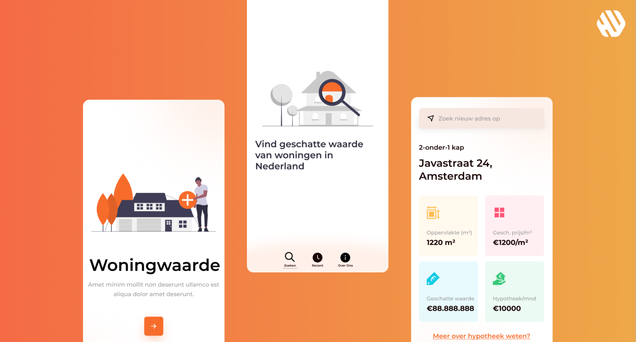 Woningwaarde[[MORE]]Type: UX/UI Design (Mobile App)
Brand:
Woningwaarde is a platform to find properties near you. It shows you useful information like cost per square meter, renting price or purchase price. This app focuses the Netherlands’...