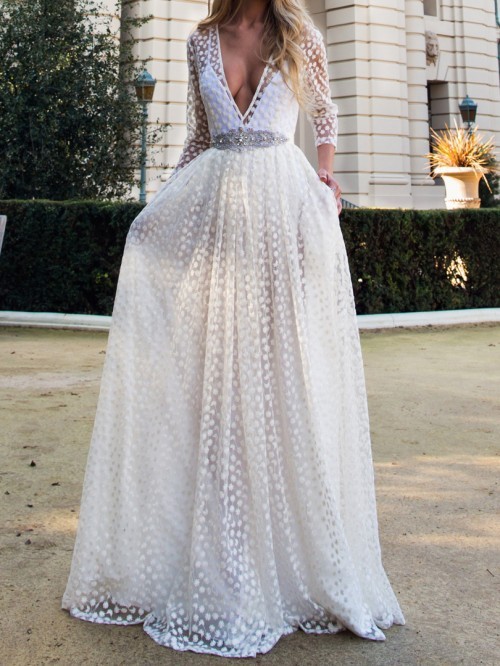 youthgreed:    White Plunge Neck Sheer Embroidery ¾ Sleeve Prom Dress   $51.99 $37.99