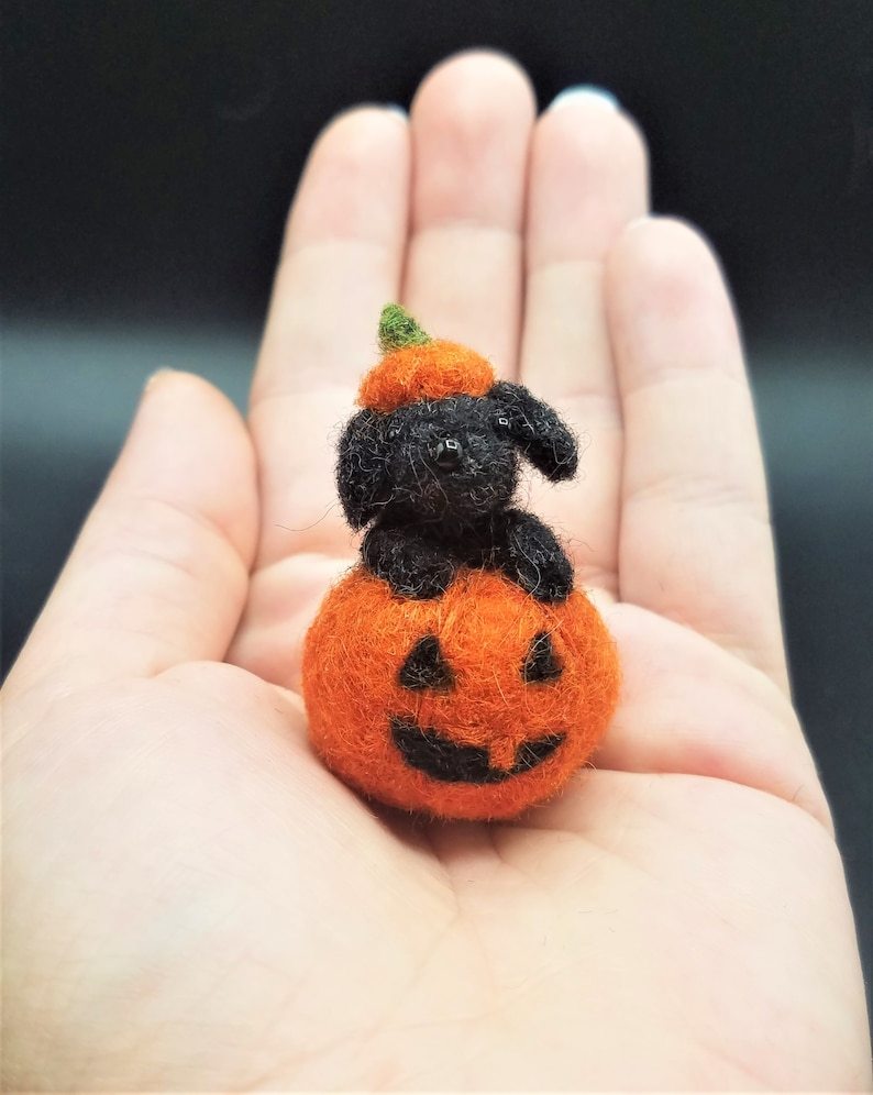 Black Cat/Dog in a Jack-O-Lantern Needle felted Miniatures