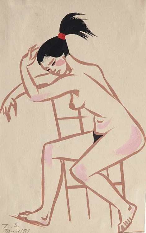 youcannottakeitwithyou:Zofia Stryjeńska (Polish, 1891-1976)Nude girl on a chair, 1951