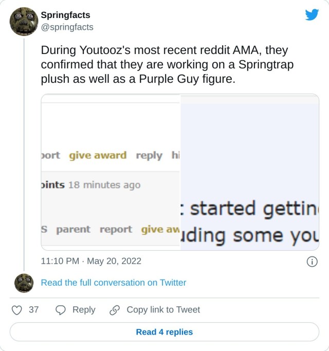 During Youtooz's most recent reddit AMA, they confirmed that they are working on a Springtrap plush as well as a Purple Guy figure. pic.twitter.com/7GeN6ScgH8 — Springfacts (@springfacts) May 20, 2022