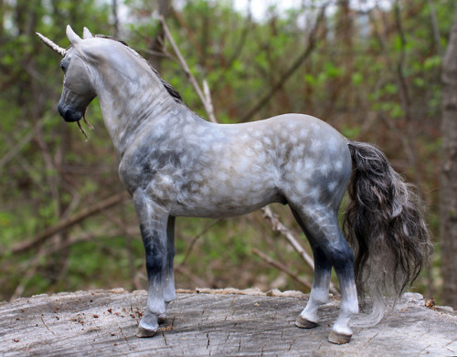 one a kind unicorn sculpture “Prosecco”. Dapple grey unicorn made from polymer clay over wire and fo