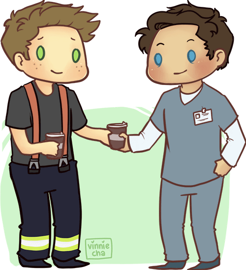 vinnie-cha:  Just a normal day for Firefighter!Dean and Doctor!Cas ଘ(੭*ˊᵕˋ)੭*——firefighter!Dean