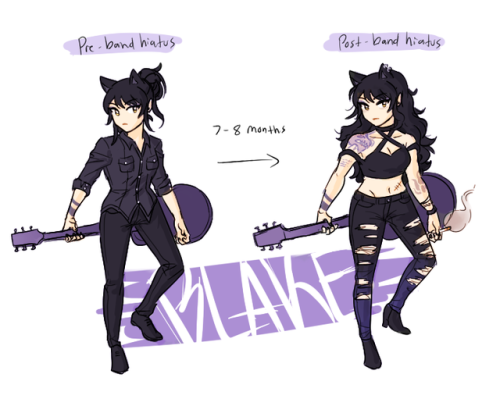 new designs for my interpretation of the rwby rock au! ^v^ the new designs (on the right) are how they look 7-8 months later after yang and blake’s dangerous fight with adam’s band, white fang, and putting the band on a hiatus due to blake and yang’s