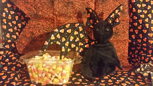 allyclaw:  Happy Halloween!!!!!!!  This little bat is made from minky and and cotton print fabric with cute candy corns! 8inches tall and a wing span of 15 inches with doll safety eyes!  She is indeed for SALE if anyone is interested send a note!! ์usd