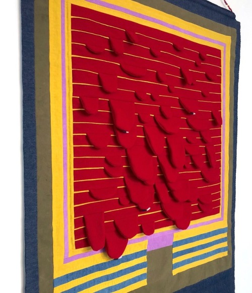 Tongues! 36”x53” quilted wall hanging made of wool, hemp linen, old army poncho, denim and handmade 