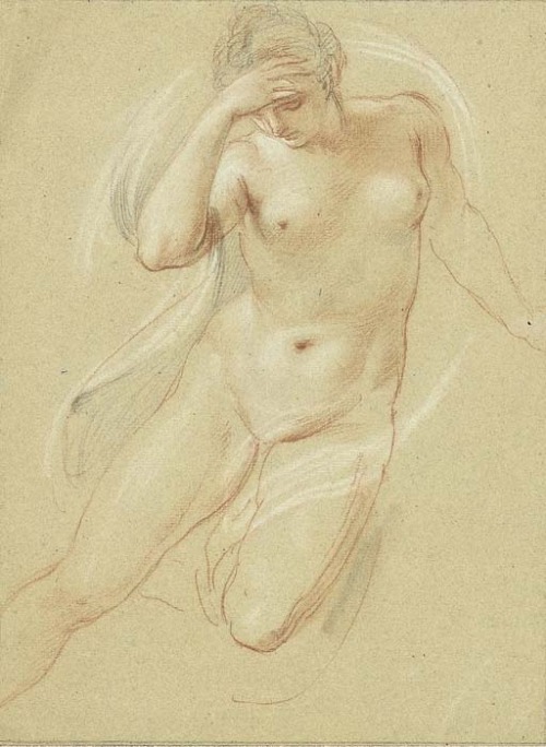 Giovanni Battista CiprianiA female nude, three-quarter-length, looking down (recto a sketch of the s