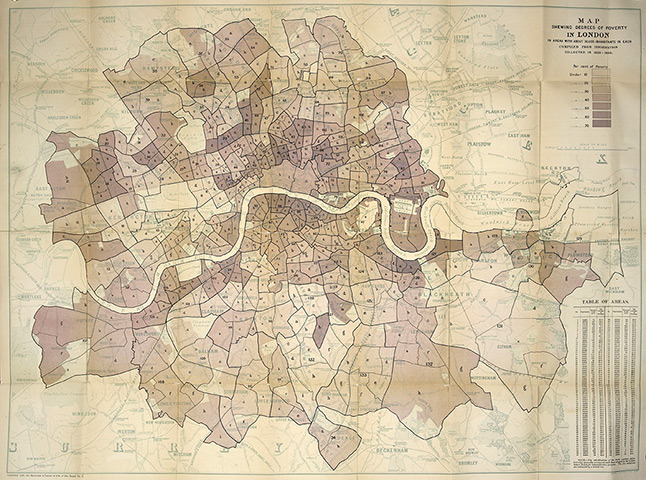 Charles Booth’s 1891 Poverty Map of London
Booth and the survey into life and labour in London (1886-1903) charted boroughs by wealth - the darker the shade, the poorer the area (via Guardian)