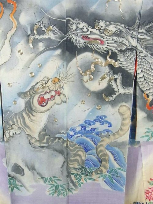 Tiger and Dragon vintage kimono seen on. This kimono is very unusual, from its pattern placement (we