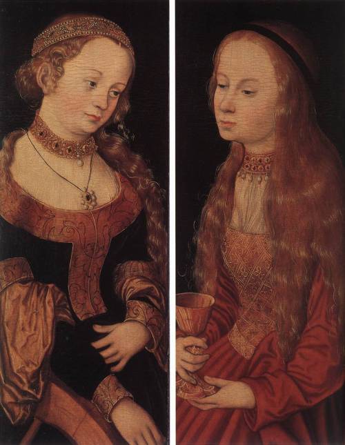 lucas-cranach-the-elder:St. Catherine and St. Barbara, Lucas Cranach the ElderMedium: oil,wood