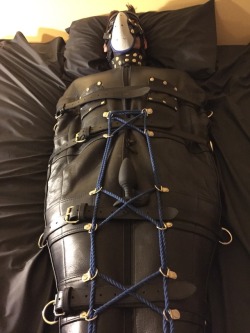 feelingknottycda:Fresh from his match, I got this sexy jockboy into my leather sleepsack, strapped him in tightly, blindfolded and gagged him. Then I stuffed the jock he had been wearing into my jockstrap muzzle and strapped it over his nose and mouth.