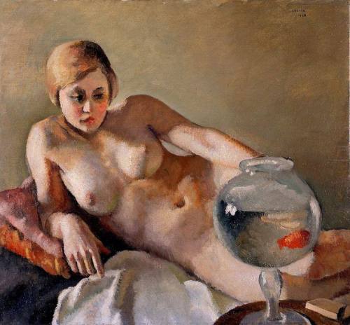 themirame:Felice Casorati (Italian, 1883 – 1963) Nude with Goldfish, Оil on canvas