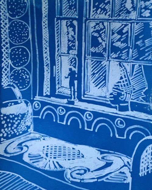 CYANOTYPE: my first ever attempt at printing with cyanotype, guided by @scarlettrebecca and using the strong sunlight this afternoon. I did a drawing of Duncan Grant’s Bedroom @charlestontrust - trying to think and draw in terms of negative...