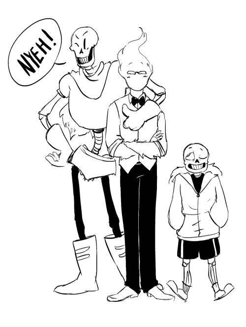 sushinfood:  steamysthings:  *all grown up theme song plays in the distance* I’ve been meaning to doodle this for a while and never got around to it, but I fixed that, because I love love LOVE @sushinfood‘s au with Grillby adopting the skelebros as