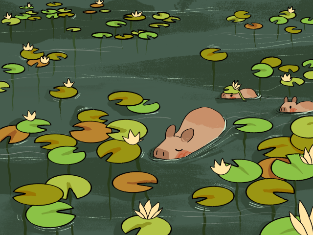 a digital painting of a pond of lilypads. a large capybara and their two babies swim through the pond half submerged. one of the babies has a lily pad on its head. end id