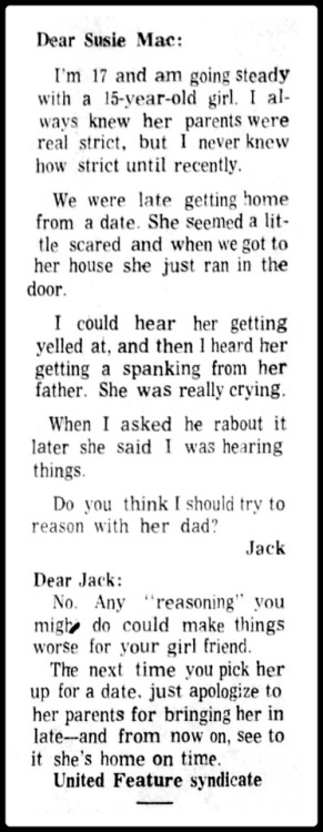 Once again, letters to advice columns illustrate how mainstream paternal spanking of girls was in th