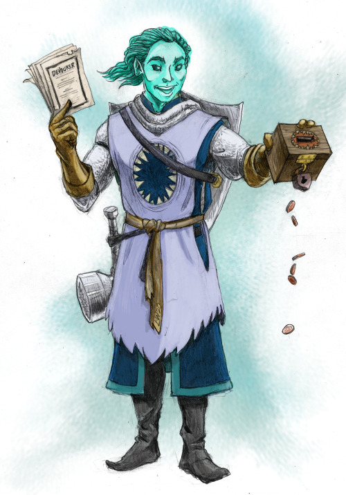 Abbey, the water genasi cleric of the Devourer, trying to convert people to the faith through the po