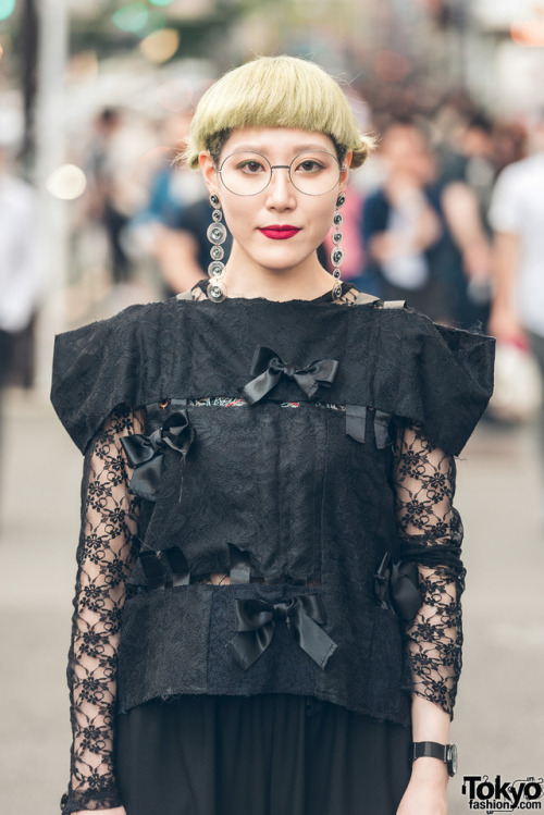 Japanese designer Shiho Tabei on the street in Harajuku wearing all black fashion by Comme Des Garco