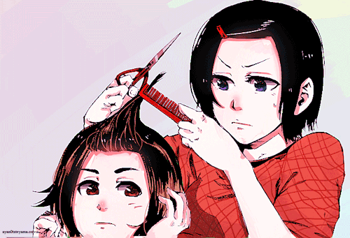 t0uka-kirishima:Hinami getting a haircut from Touka Onee-chan VS. Kaneki Onii-chan (●△●✿) 