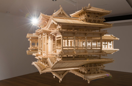 likeafieldmouse: Takahiro Iwasaki - Reflection Model: Perfect Bliss (2010-12) - Japanese cypress and wire Scale replica of the Byodo-In, a 10th-century temple near Kyoto 