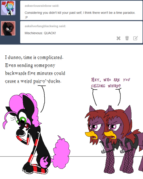 darkfiretaimatsu:There’s always the “if you meet yourself, the universe will explode” paradox to worry about, after all. It… might be a little late for that one, though, eh, Mikayla?Or here’s a legit paradox worry: I didn’t get my cutie mark