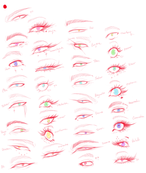 tried to gather up all of my characters eye designs. the ones with a ?? is just random eyes that i d