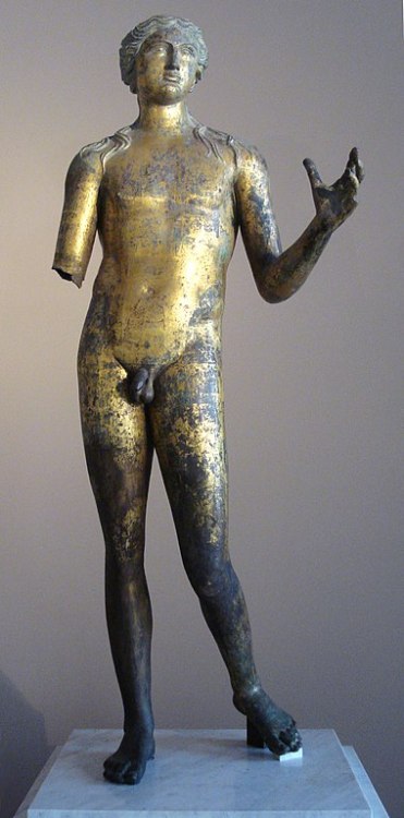 The Lillebonne Apollo Gallo-Roman, 2nd century CE. Gilded bronze; Height: 1.94m/76.4 in. Discovered 