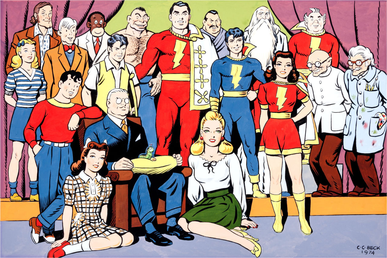 Original self-portrait by C. C. Beck, featuring the entire Marvel Family cast.