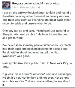 greaterblogston: winchester101:  icyaphrodite:  quasi-normalcy: Spread this around; remind the world that for every Nazi, there’s an entire train full of sensible people capable of basic moral behaviour.   I love my city so much.    The MTA’s follow