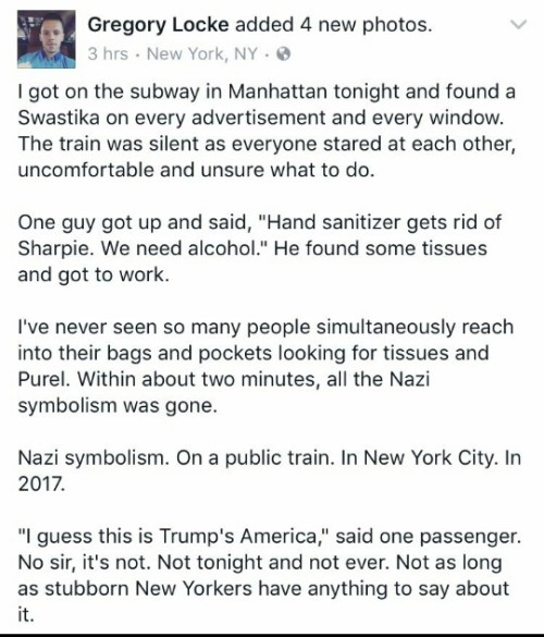 lejacquelope:  quasi-normalcy:Spread this around; remind the world that for every Nazi, there’s an entire train full of sensible people capable of basic moral behaviour.  Whoever did that “Jews belong in an oven” deserved to be caught and beaten