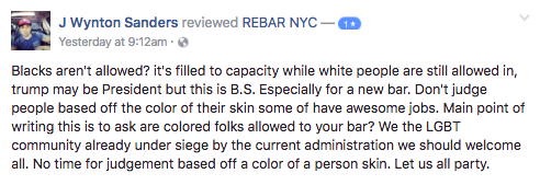 tehjakers:  the-movemnt:  the-movemnt: Black men say New York’s hottest new gay bar is turning them away ReBar, a new gay bar in New York City that opened over the weekend, is at the center of racial discrimination allegations. A number of patrons of