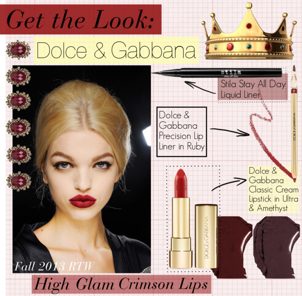 High Glam Crimson Lips by coterieinc featuring a waterproof liquid eye liner
Gold stud earring set, $7.76 / Dolce & Gabbana moisturizing lipstick / Dolce & Gabbana lip pencil / Stila waterproof liquid eye liner