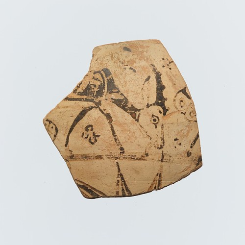 ancientpeoples:Fragment of a terracotta oinochoe (wine jar) with a grazing goatEast Greek, 7th centu