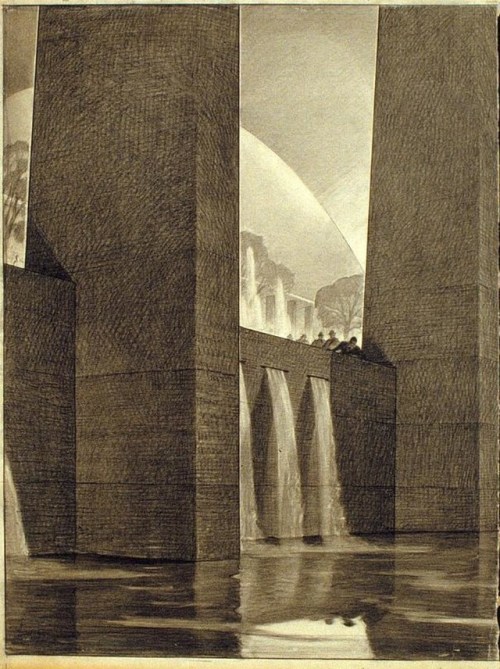 nobrashfestivity:Hugh Ferriss, Architectural Renderings, 1910-1940 Ferriss was a fascinating illustr