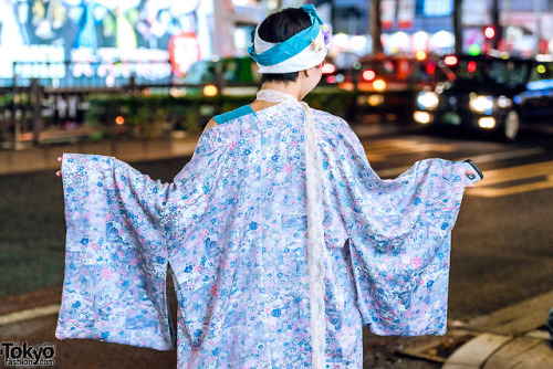 tokyo-fashion:  18-year-old Japanese fashion student Risa on the street in Harajuku wearing a vintage kimono over a blue sleeveless dress, vintage yellow heels, and a floral headpiece. Full Look