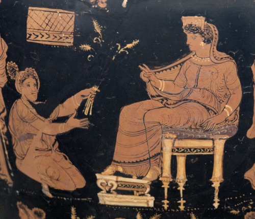 Demeter and Queen Metaneira of Eleusis.  The scene may reflect an incident in the Homeric Hymn to De