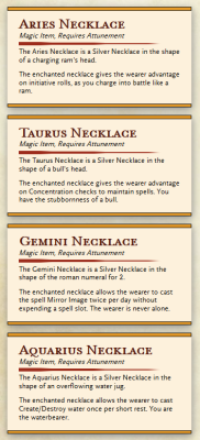 morseths-spellbook:  First magic items I’ve posted here, I like themed items so here’s 12 items based on Zodiac Signs. Not much else to say other than that.