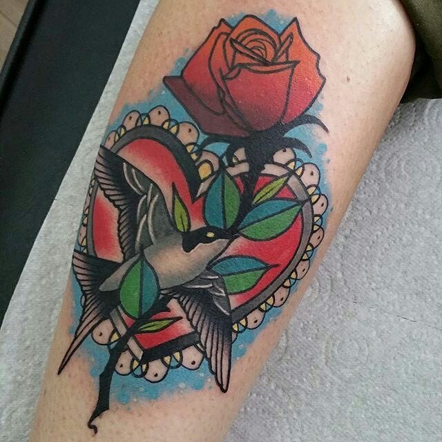 tattoosnob:  Swallow, Heart, &amp; Rose tattoo by @jamieleeknott at @darkhorse_collective