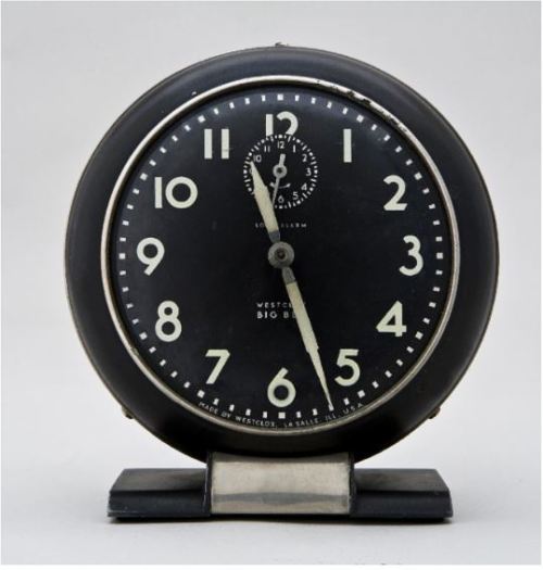  Henry Dreyfuss, “Big Ben”, Object,  Black painted metal wind-up alarm clock with a glass crystal; m