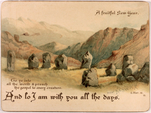 A Fruitful New Year - showing a stone circle near Keswick19th Century chromolithograph - overprinted