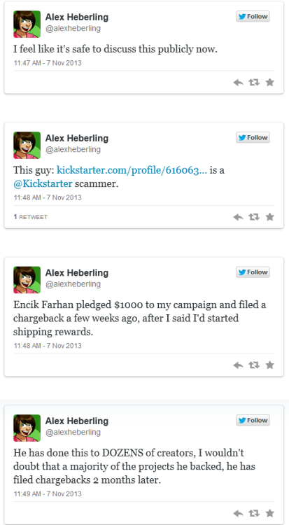 alexds1:alexheberling:Encik Farhan is a scammer.  He backs projects, pledging hundreds or thous