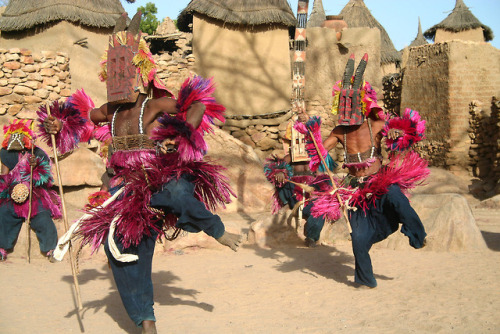 Dogon men in their ceremonial attire; Mali, West Africa