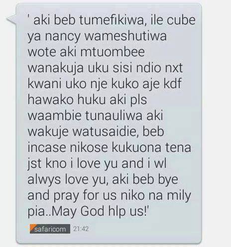 onyourtongue:  ghdos:  fuckyeahkenyans:Janet Akinyi’s final Message to her boyfriend‘’Hey Babe, We have reached, Nancy’s Cube, they shot everyone. Pray for us. They are coming here. We are next. What is going on there? There is no one here, please