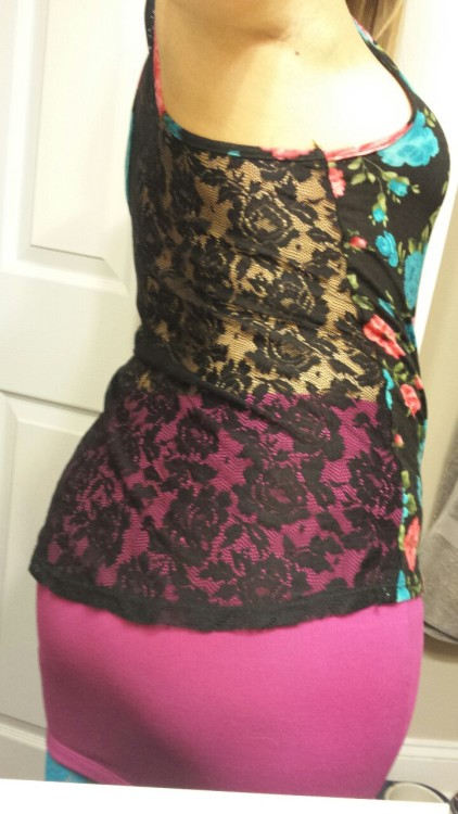 Happy hour outfit for tonight. Check out dat ass. Lace-backed shirt and lacey tights. Bright blues a