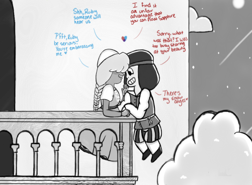 sunesshine:  Small doodle based on jen-iii’s and rhinocio’s talk  about Ruby and Sapphire being the inspiration for Romeo and Juliet ~ 